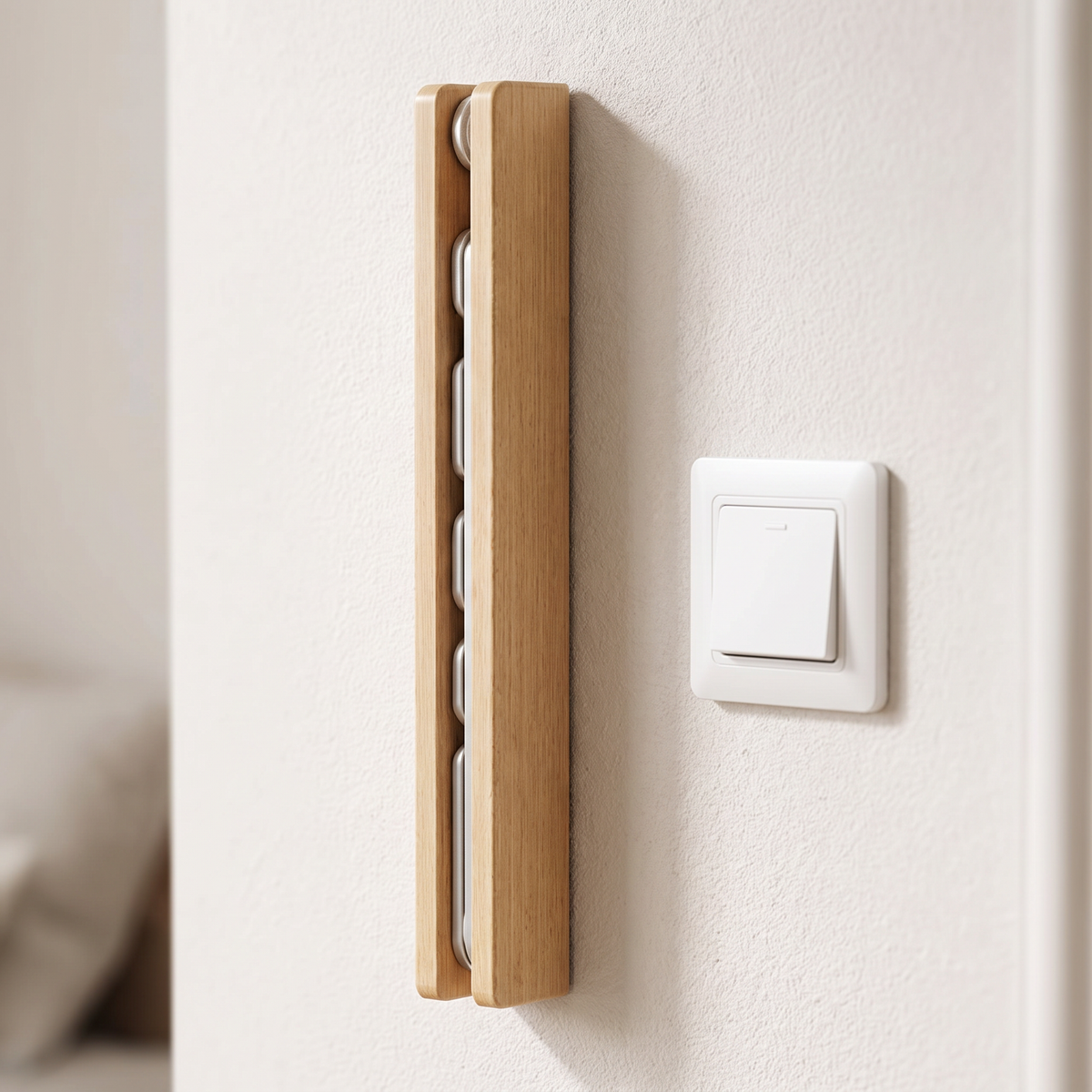 Inklapbare kapstok hout met haken vlak tegen de wand