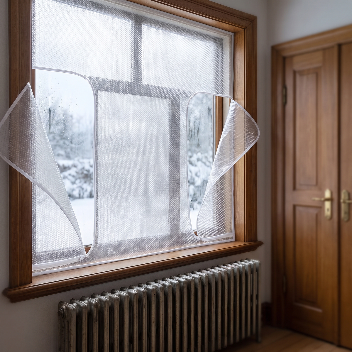 Dubbellaags raamfolie met ritssluiting op raamkozijn in de winter