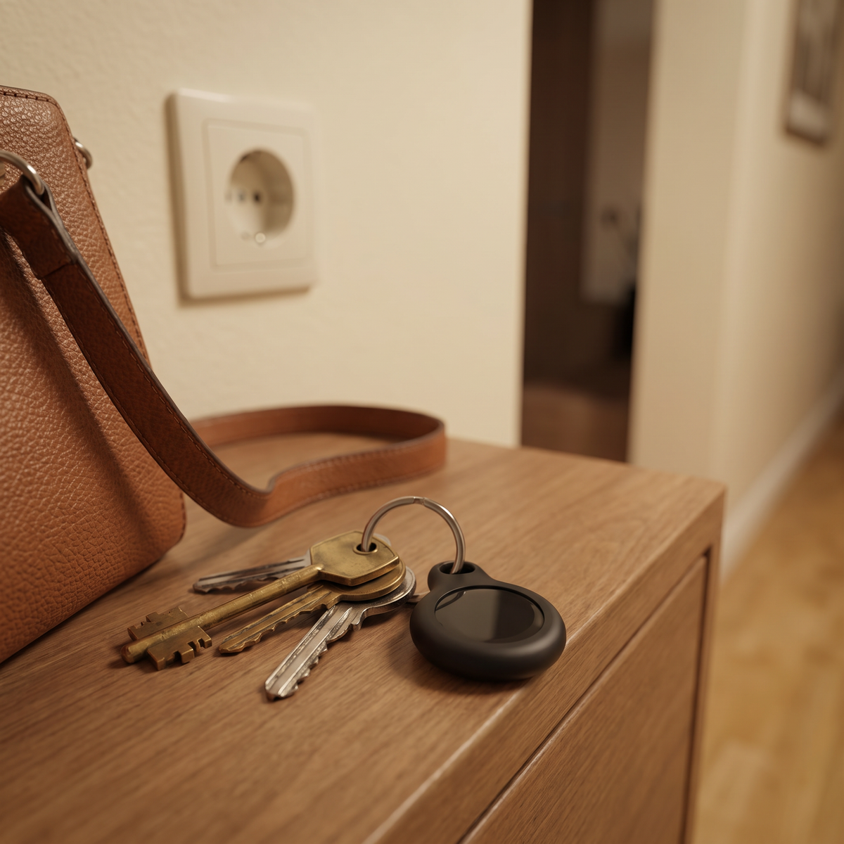 Tracker aan sleutelbos op dressoir in hal