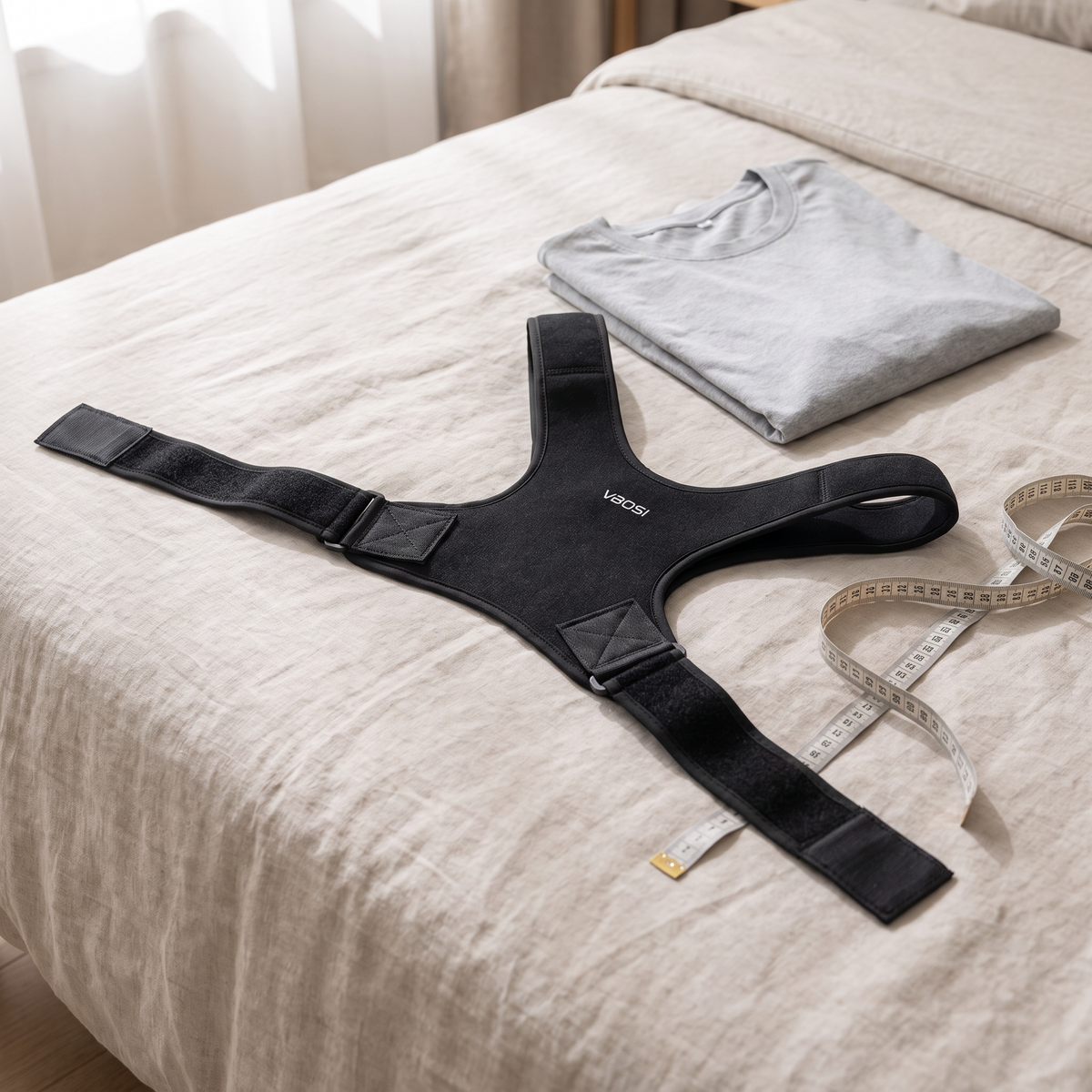 Houdingsbrace met uitgelegde verstelbanden op bed