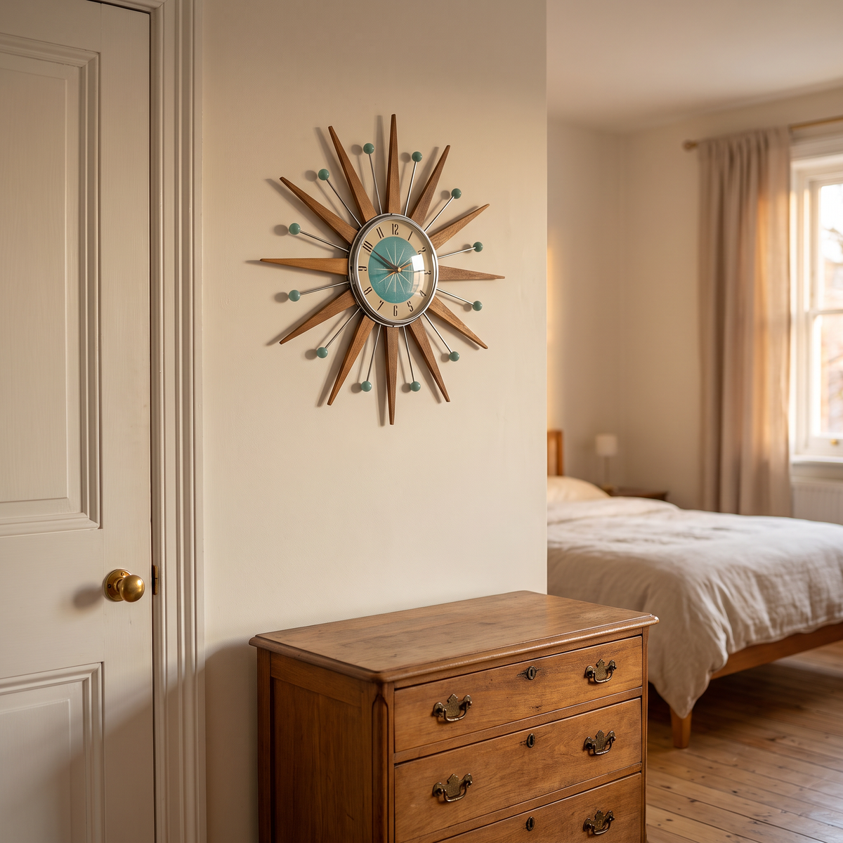 Stille handgemaakte wandklok in slaapkamer