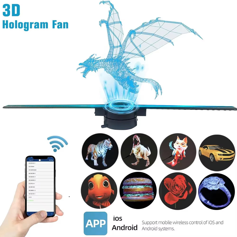 Ventilateur holographique 3D avec écran LED, angle de vision de 176°, commande par application, projection sans fil, écran publicitaire promotionnel | Sansoti