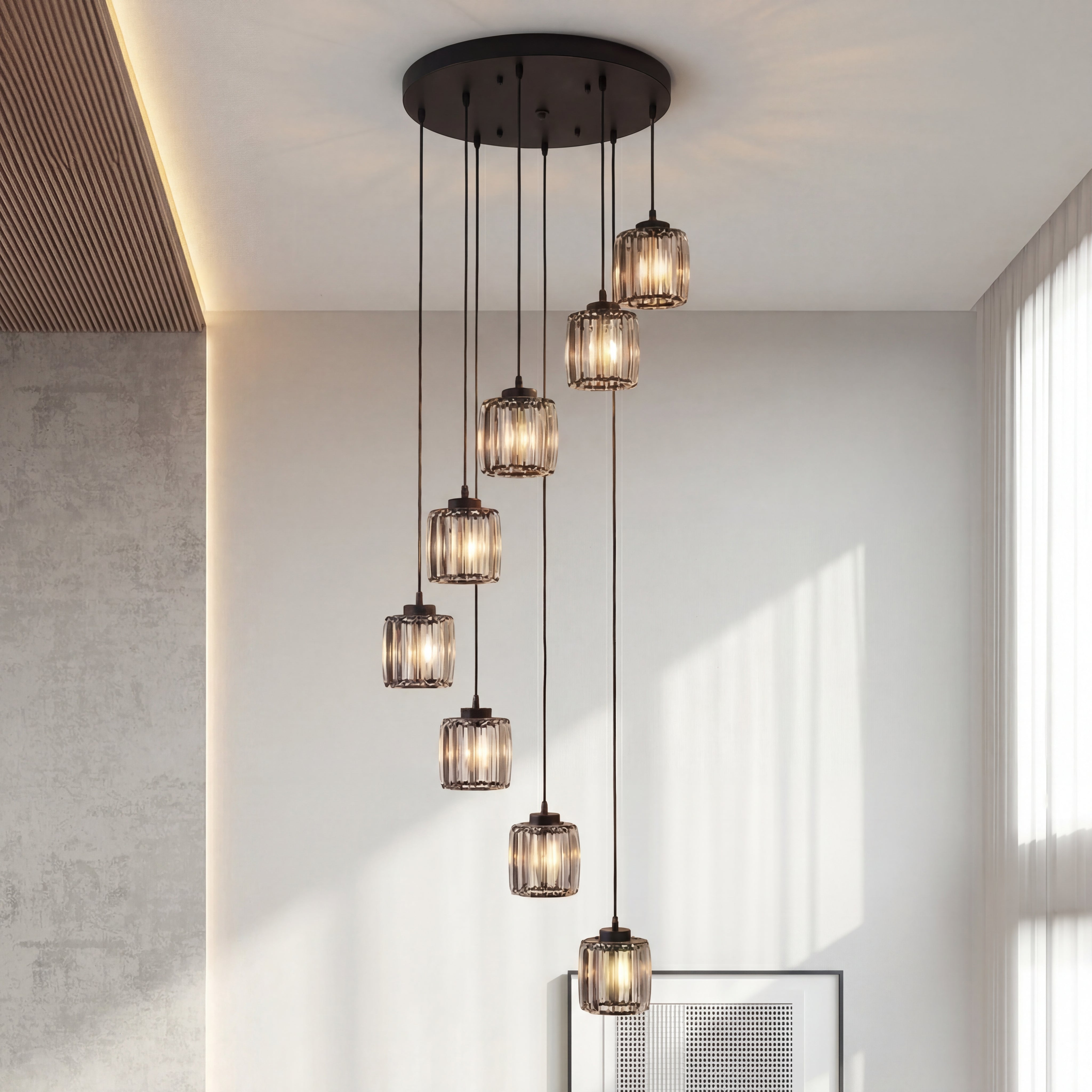 Lustre en cristal à étages, réglable, E27, verre nervuré, lumière chaude, pour grands espaces, entrée moderne et luxueuse | Sansoti