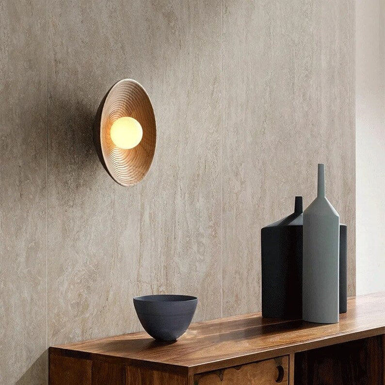 Japandi Wandlamp Hout Glas Rond Retro Vintage 27cm Woonkamer Slaapkamer Hal | Sansoti