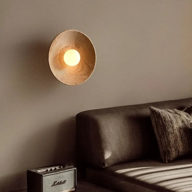 Japandi Wandlamp Hout Glas Rond Retro Vintage 27cm Woonkamer Slaapkamer Hal | Sansoti