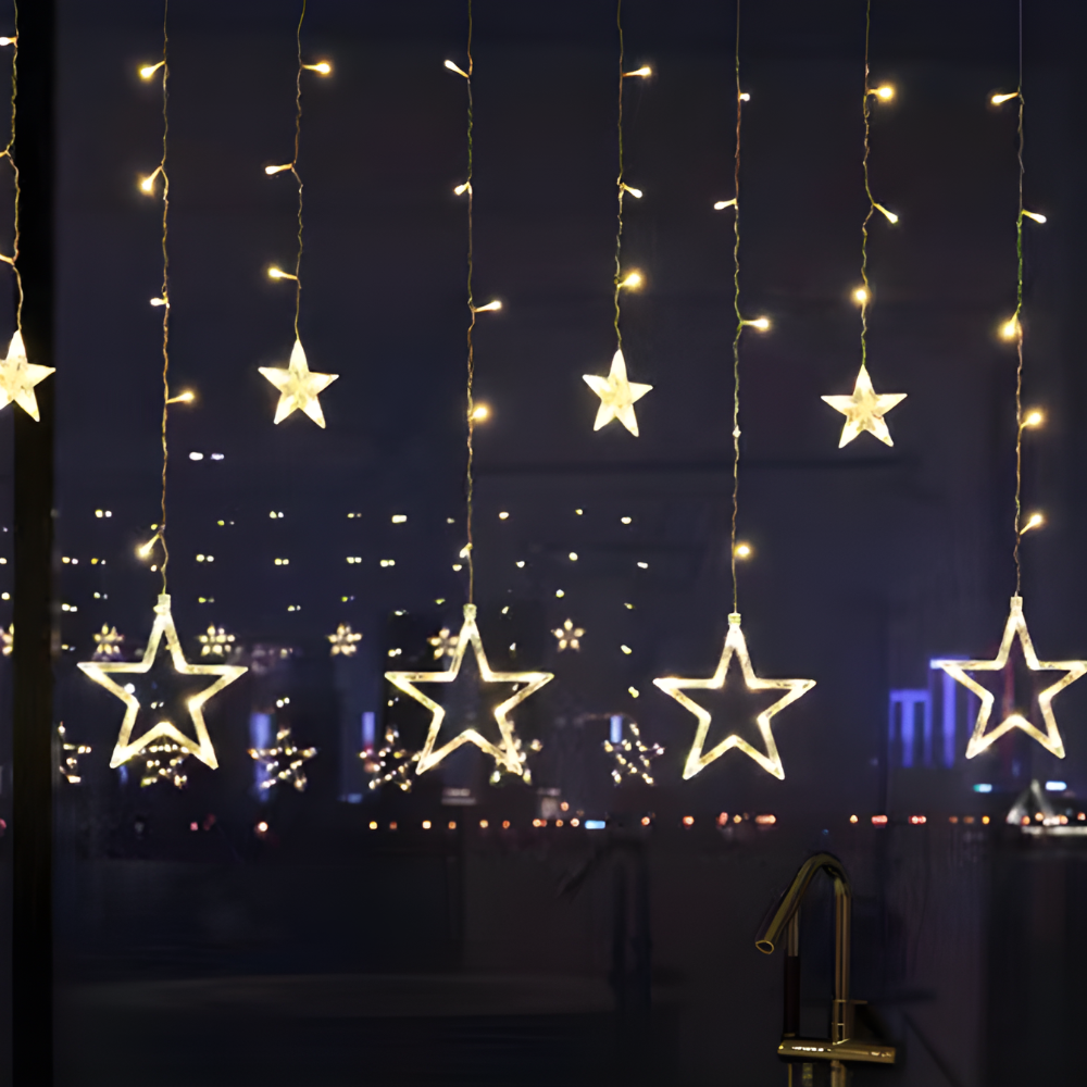 LED Sterrenverlichting Gordijn Warm Wit – 5 Verlichte Sterren met Timerfunctie voor Binnen en Buiten | Sansoti