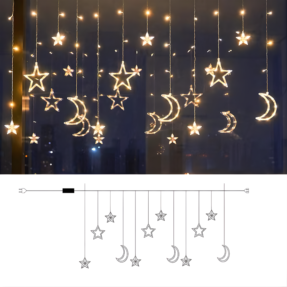 LED Sterrenverlichting Gordijn Warm Wit – 5 Verlichte Sterren met Timerfunctie voor Binnen en Buiten | Sansoti