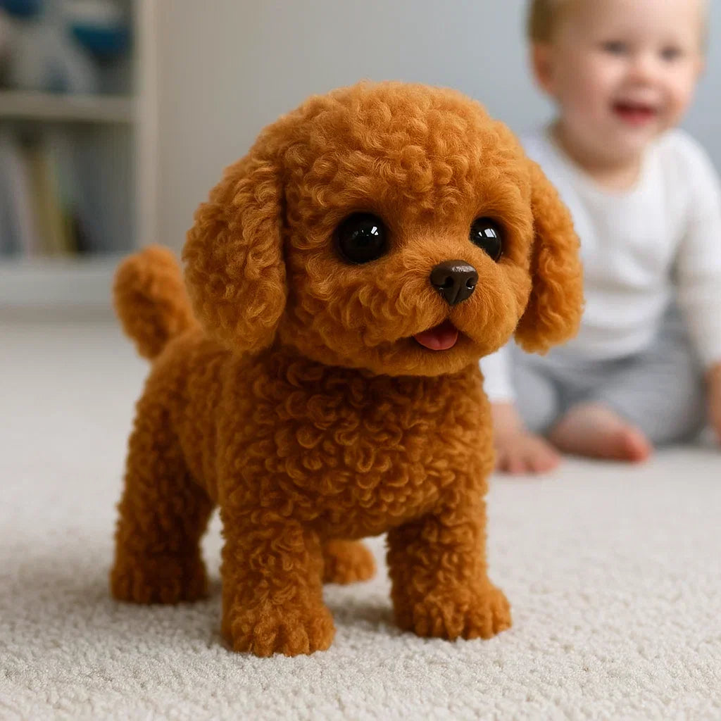 Interactieve Pluche Hond 30x20x15cm Wit Bruin Realistisch Robotspeelgoed met Geluid Beweging voor Kinderen Volwassenen Knuffelbeest AI Gezelschapsdier Cadeau Verjaardag | Sansoti