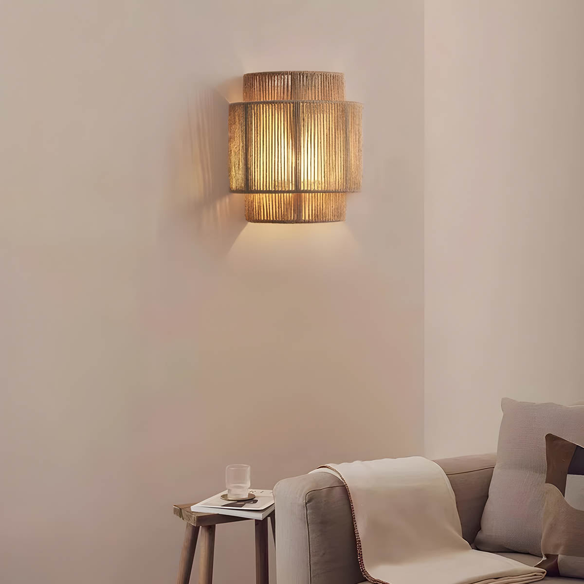 Applique murale en corde tressée en matériau naturel, lumière douce et chaleureuse, style moderne et rustique, pour salon et chambre à coucher | Sansoti
