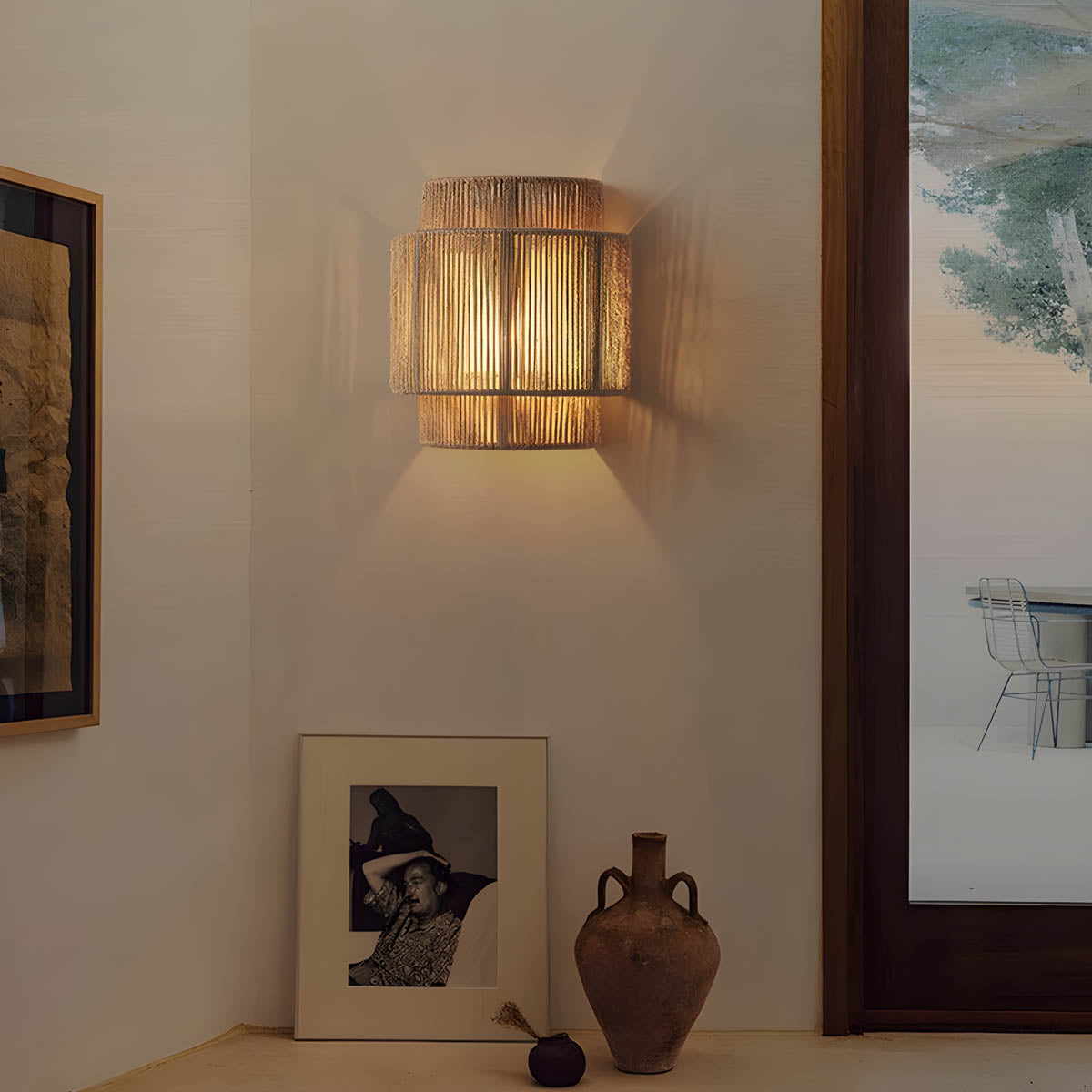 Applique murale en corde tressée en matériau naturel, lumière douce et chaleureuse, style moderne et rustique, pour salon et chambre à coucher | Sansoti