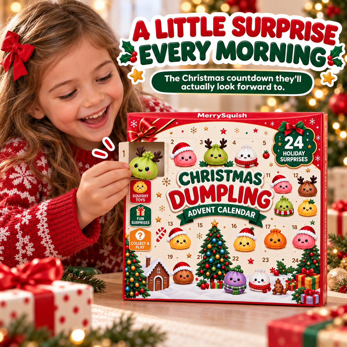 Adventskalender mit 24 kuscheligen Dumplings, weichen Squishies, Weihnachtscountdown-Spielzeug für Kinder und die Feiertage | Sansoti