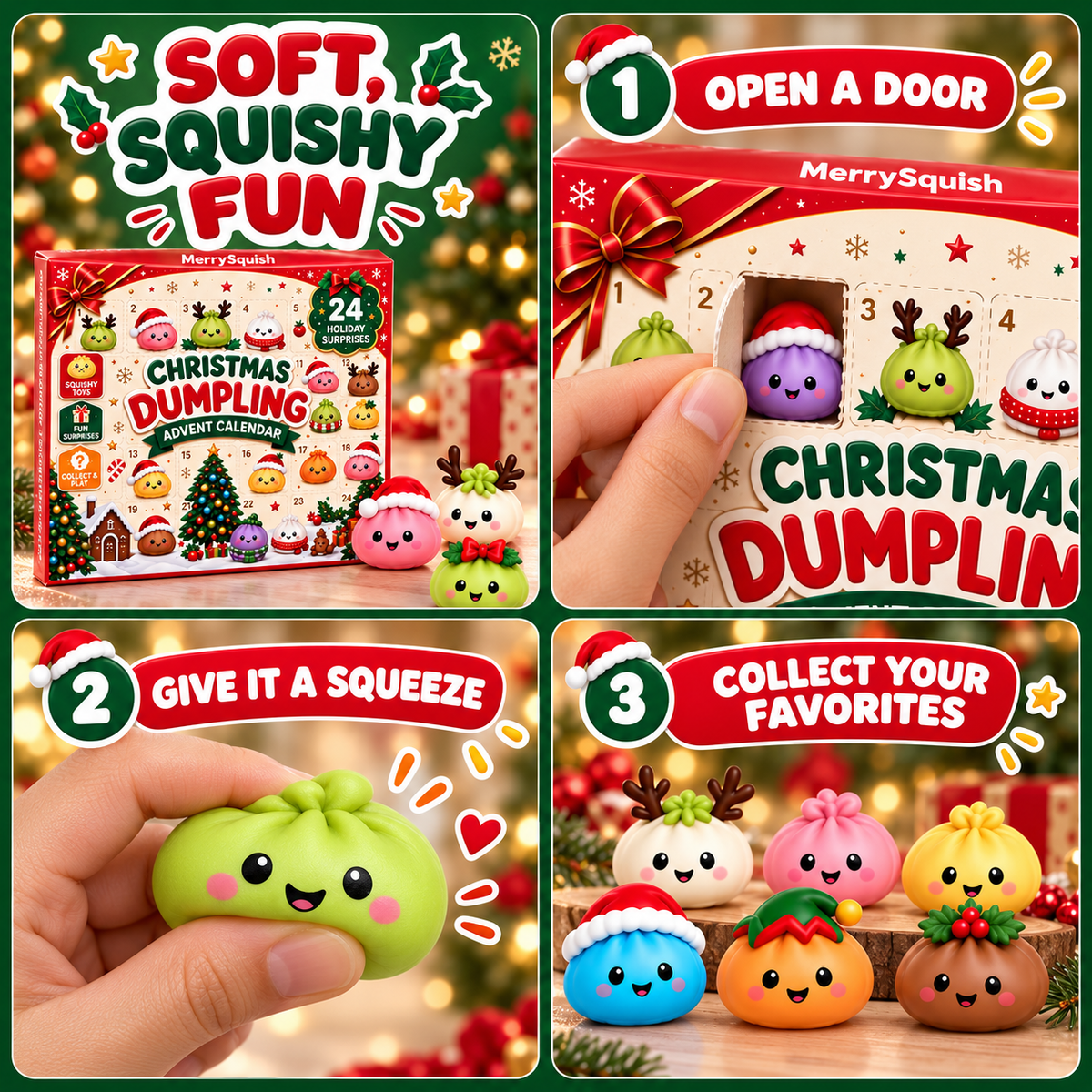 Adventskalender mit 24 kuscheligen Dumplings, weichen Squishies, Weihnachtscountdown-Spielzeug für Kinder und die Feiertage | Sansoti