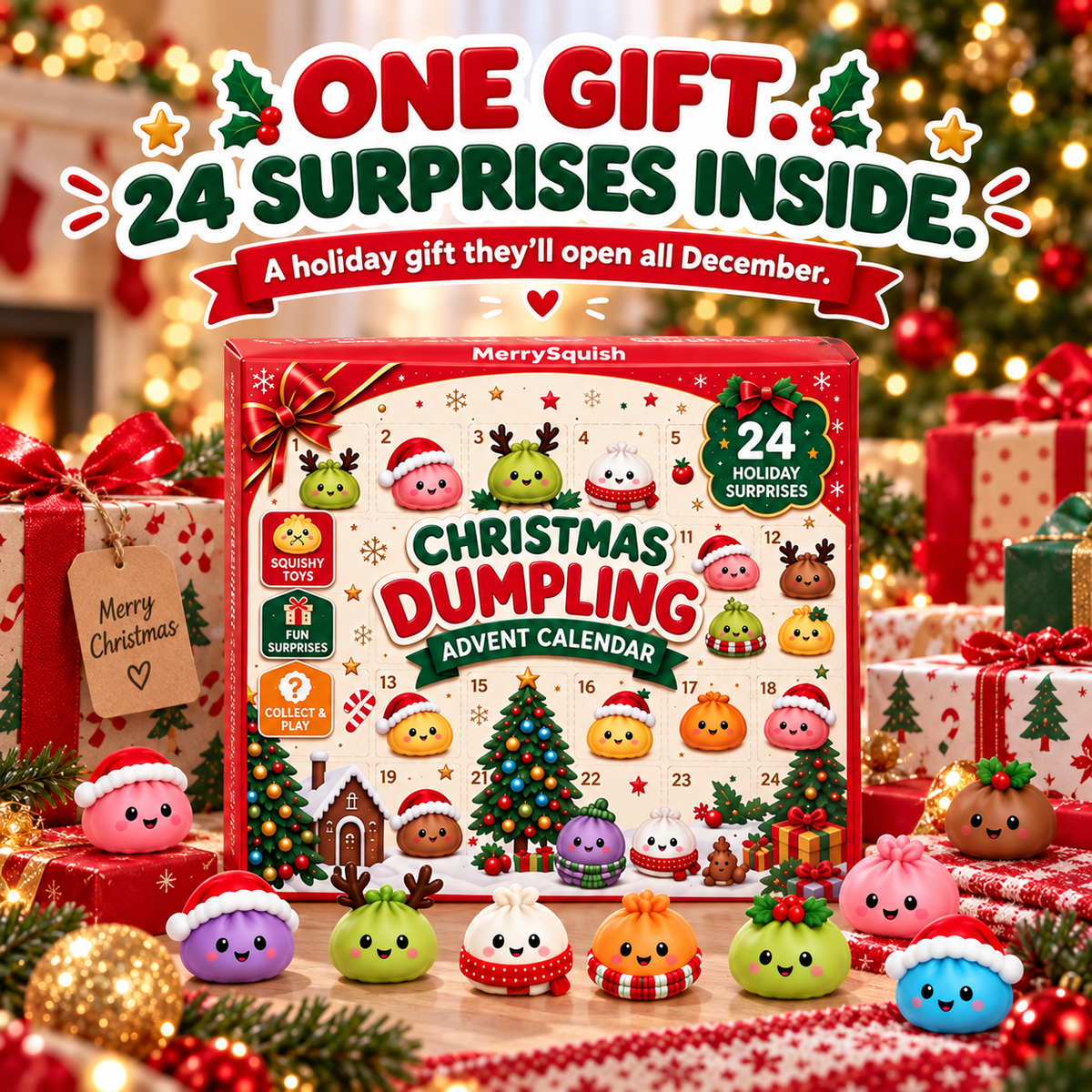 Adventskalender mit 24 kuscheligen Dumplings, weichen Squishies, Weihnachtscountdown-Spielzeug für Kinder und die Feiertage | Sansoti