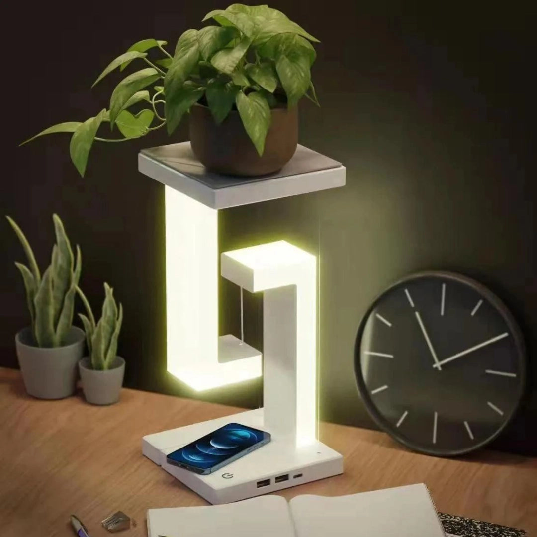 Schwebende Tischlampe mit kabellosem Ladegerät, magnetisch, dimmbar, weiß, für Schreibtisch und Nachttisch, modernes Touch-Bedienfeld | Sansoti