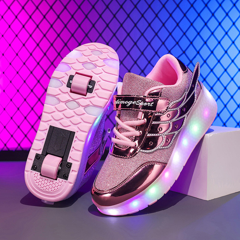 Rollers baskets USB rechargeables Rose avec ailes Enfants Adolescents Chaussures de roller lumineuses LED Sneakers à roues pour l'extérieur | Restfield