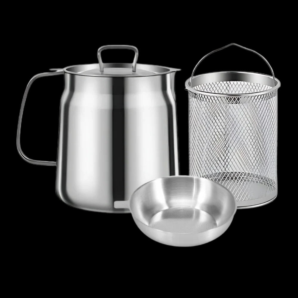 Poêle à frire avec tamis intégré 1,5 L en acier inoxydable, filtre à huile, poignée résistante à la chaleur, friture en cuisine | Sansoti