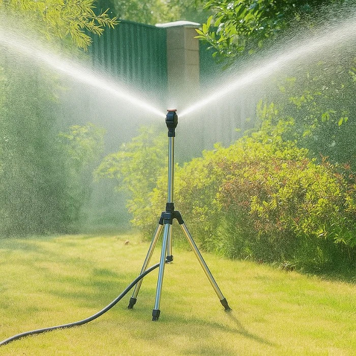 Dreibeiniger Gartensprinkler mit 360°-Rotation und verstellbarer Höhe, Rasensprenger für Rasenflächen, Rabatten und Blumenbeete | Sansoti