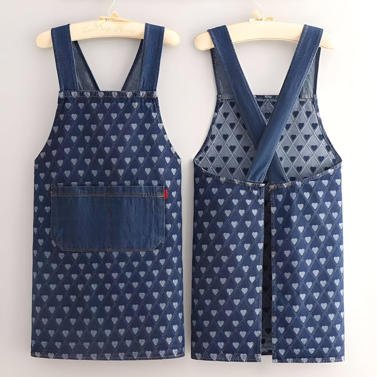 Polyester Kitchen Apron Crossback Denim Style Blue Hearts Stripe Front Pockets Cooking Baking Unisex Apron | Sansoti