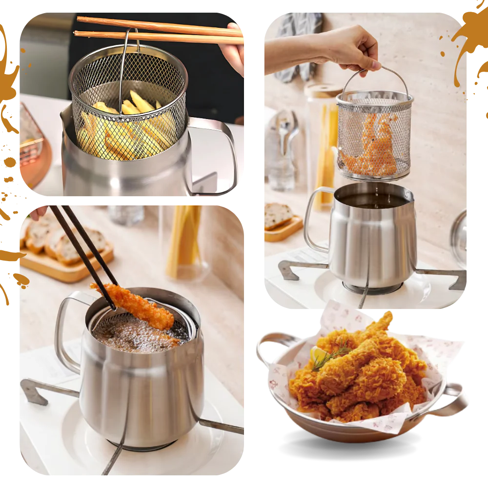 Frittierpfanne aus Edelstahl mit integriertem Sieb, 2 l, silberfarben, hitzebeständiger Griff, wiederverwendbar, Küche | Sansoti