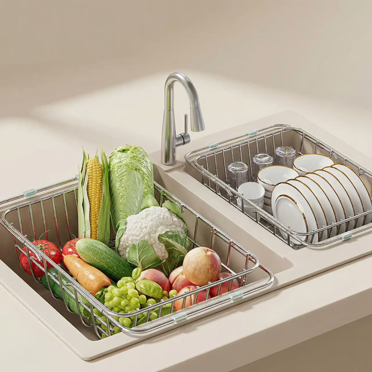 Uitschuifbaar Afdruiprek RVS Gootsteen 34-55 cm Verstelbaar Keuken Organizer Groenten Wassen Servies Afgieten Spoelbak | Sansoti
