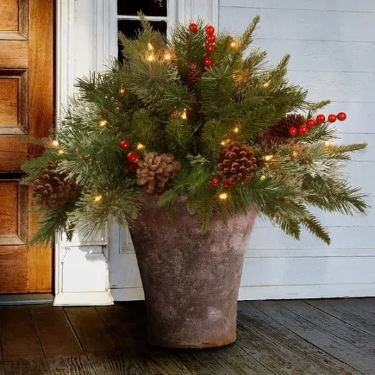 Beleuchteter Weihnachtsspray mit Tannenzapfen und Beeren für Urne, Vase, Eingangsbereich, Dekoration, künstlichen Weihnachtsbaum und die Feiertage | Sansoti