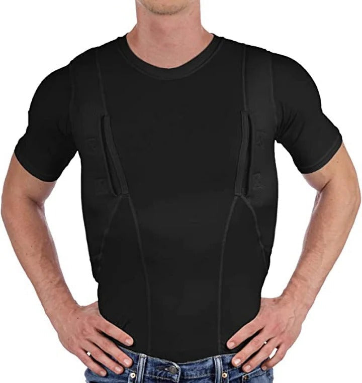 T-shirt tactique avec holsters dissimulés, noir et blanc, élastique, respirant et confortable, pour gauchers et droitiers | Sansoti