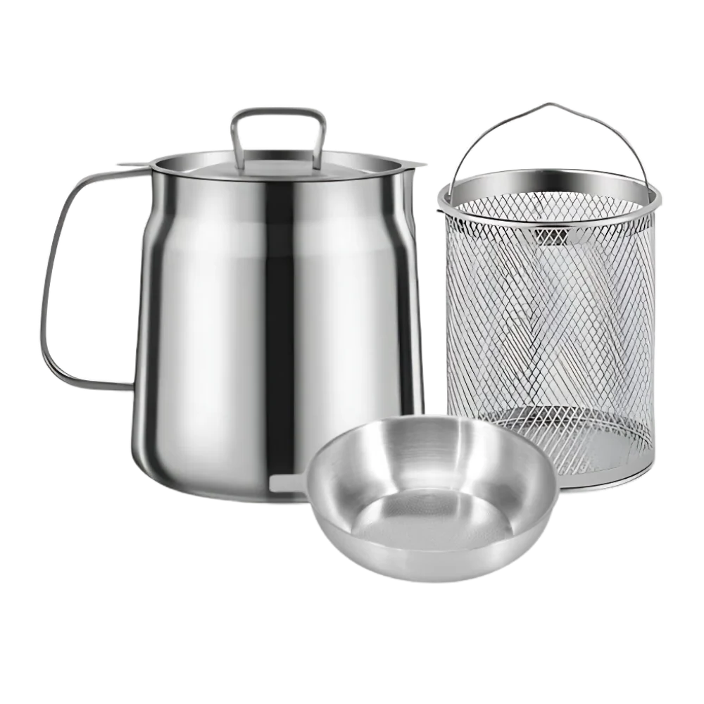 Frittierpfanne aus Edelstahl mit integriertem Sieb, 2 l, silberfarben, hitzebeständiger Griff, wiederverwendbar, Küche | Sansoti