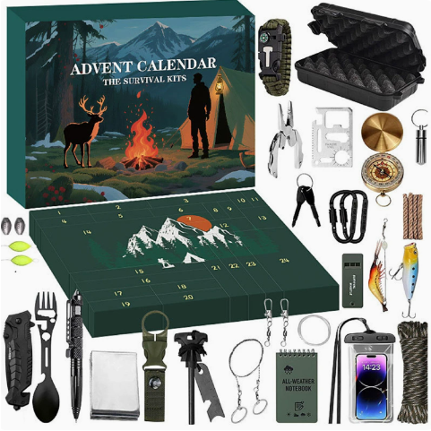 24-tägiger Survival-Adventskalender für Männer, Outdoor-Camping, Wandern, Bushcraft-Werkzeuge, Weihnachtsgeschenk | Sansoti