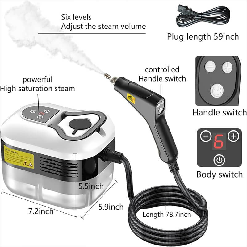 Nettoyeur vapeur haute pression 2500W avec gants, 6 niveaux et 5 embouts pour la voiture, la maison, la cuisine et la salle de bains | Sansoti