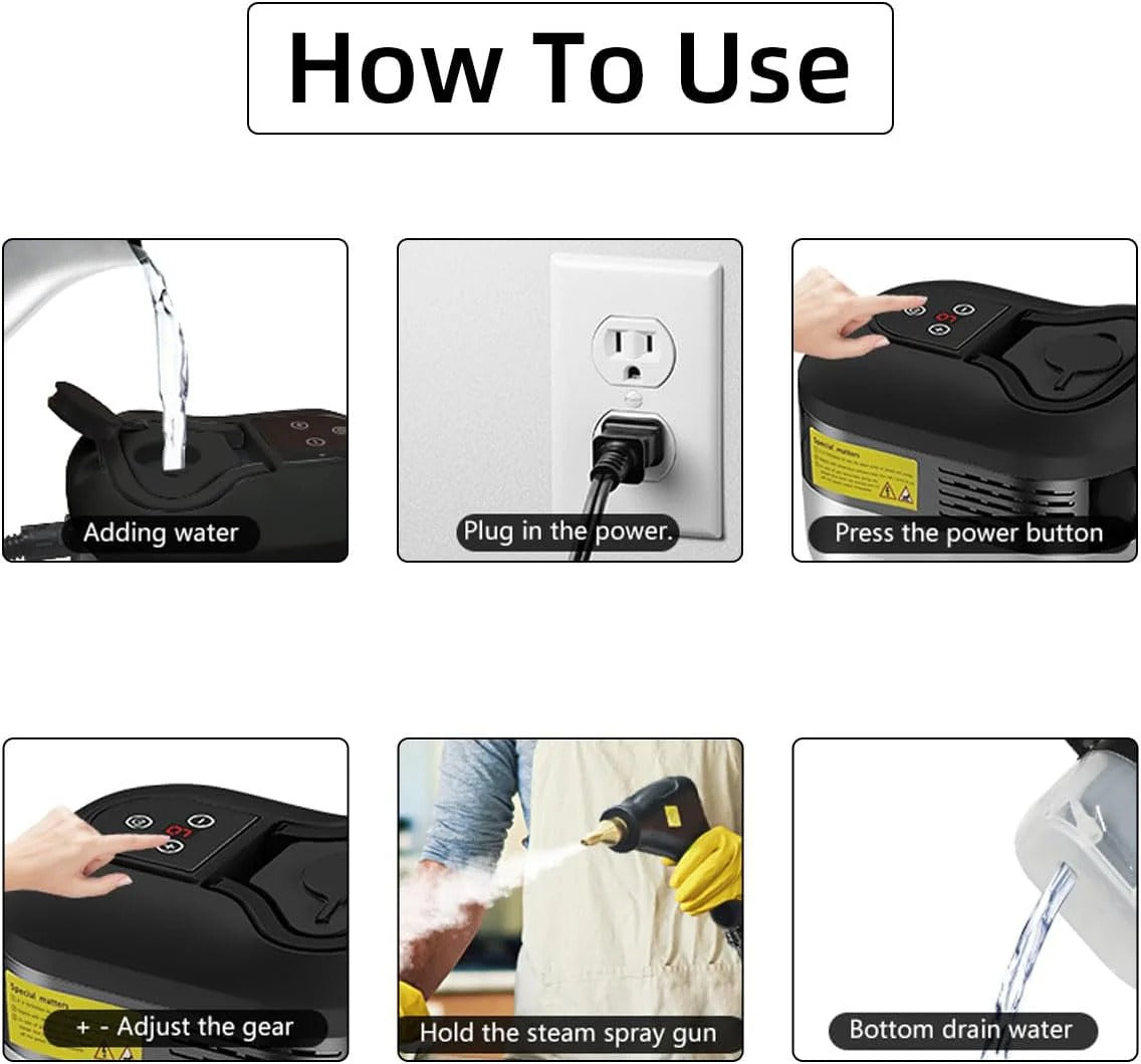 Nettoyeur vapeur haute pression 2500W avec gants, 6 niveaux et 5 embouts pour la voiture, la maison, la cuisine et la salle de bains | Sansoti