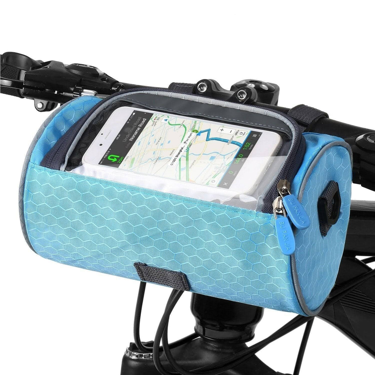 Fahrrad-Lenkertasche mit Handyfenster, wasserdicht, schwarz-blau, Touchscreen-Schutz, sicher unterwegs mit dem Fahrrad | Sansoti