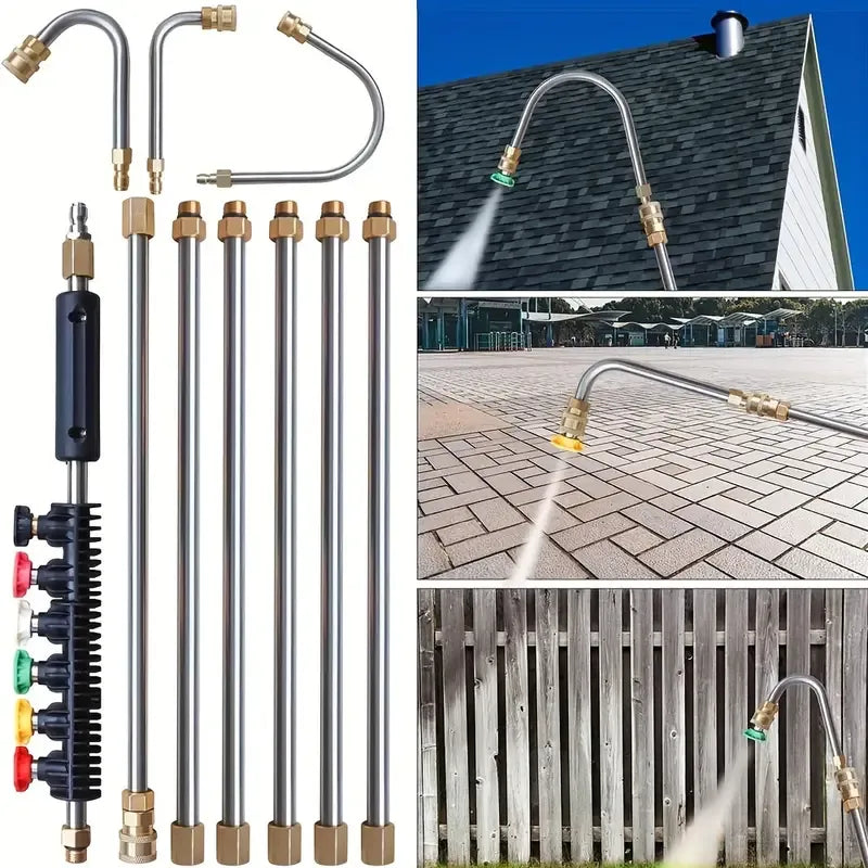 Lance télescopique pour nettoyeur haute pression, portée de 7,3 m, laiton et acier inoxydable, 4000 PSI, avec buses à code couleur | Sansoti
