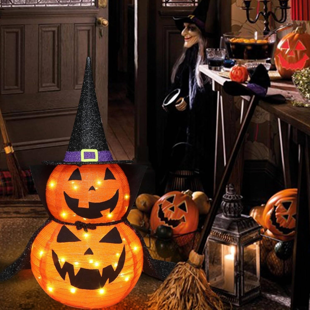 Opvouwbare Verlichte Pompoenen 90cm Halloween Tuindecoratie Set van 2 Stuks met LED Verlichting Binnen Buiten | Sansoti