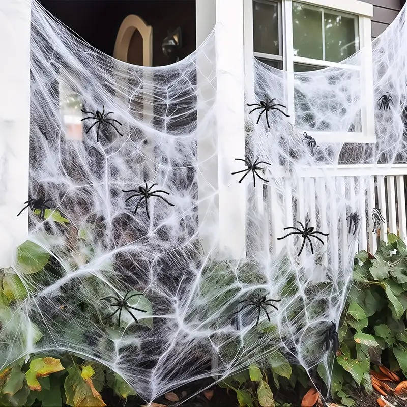 Rekbaar Spinnenweb Decoratieset 18 m² met 9 Kunststof Spinnen Halloween Griezelfeest Decoratie Binnen Buiten | Sansoti