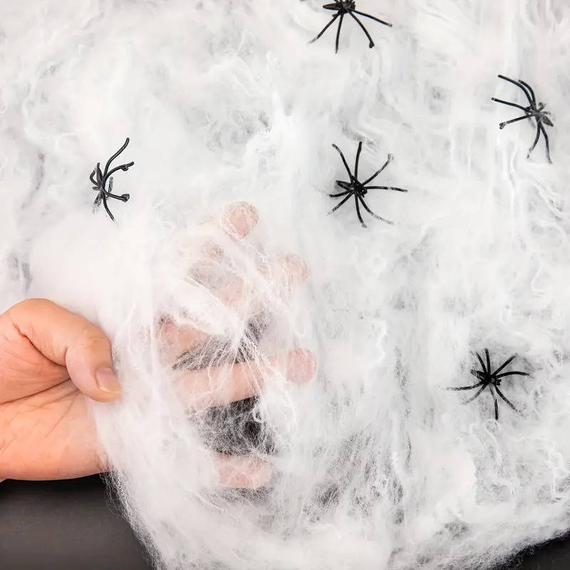 Rekbaar Spinnenweb Decoratieset 18 m² met 9 Kunststof Spinnen Halloween Griezelfeest Decoratie Binnen Buiten | Sansoti