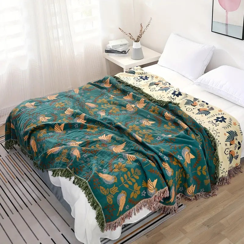 Wendbare Katoenen Plaid met Vogels en Bloemen – Botanisch Scandinavisch Design voor Bank en Bed | Sansoti