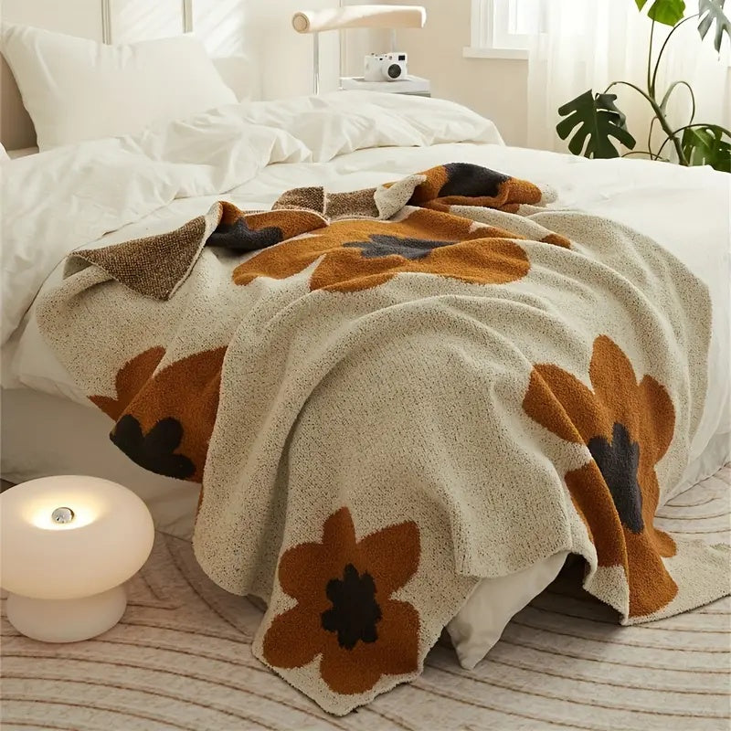 Plaid tricoté à motif floral 120x150cm – Couverture douce au design scandinave pour canapé, lit et salon | Sansoti