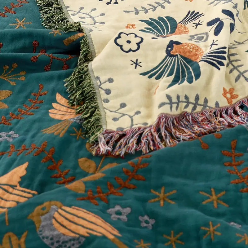 Wendbare Katoenen Plaid met Vogels en Bloemen – Botanisch Scandinavisch Design voor Bank en Bed | Sansoti