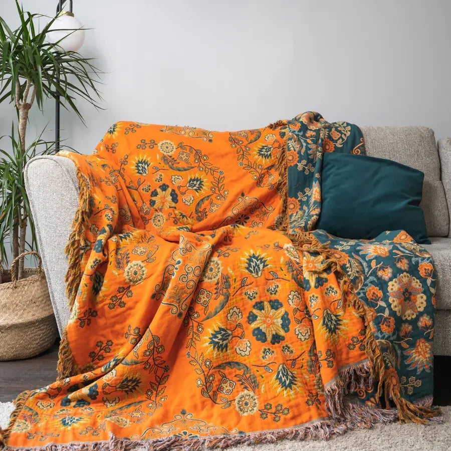 Omkeerbare Katoenen Plaid Marigold – Zachte Deken met Bloemenpatroon Oranje Turquoise – Vintage Landelijke Stijl voor Bank Picknick Bed | Sansoti