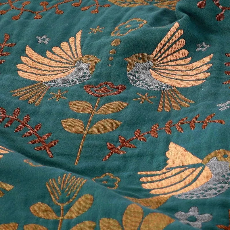 Wendbare Katoenen Plaid met Vogels en Bloemen – Botanisch Scandinavisch Design voor Bank en Bed | Sansoti