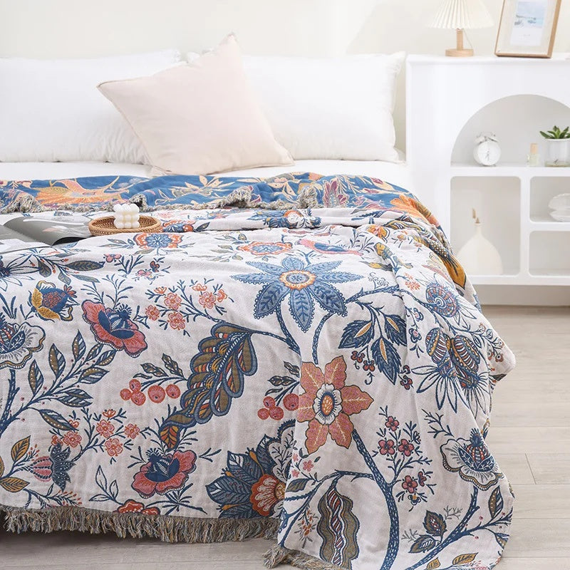 Jacquard Katoenen Plaid met Bloemenprint en Kwastjes – Zacht Reversibel Banklaken – Scandinavisch Geïnspireerde Woondeken | Sansoti