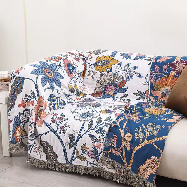 Jacquard Katoenen Plaid met Bloemenprint en Kwastjes – Zacht Reversibel Banklaken – Scandinavisch Geïnspireerde Woondeken | Sansoti