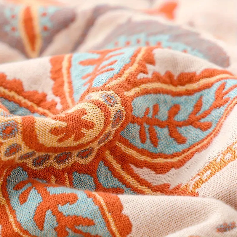 Katoenen Plaid met Boho Bloemenmotief – Oranje en Blauw op Crèmekleurige Ondergrond met Franjes – Decoratieve Sprei voor Bank en Bed | Sansoti