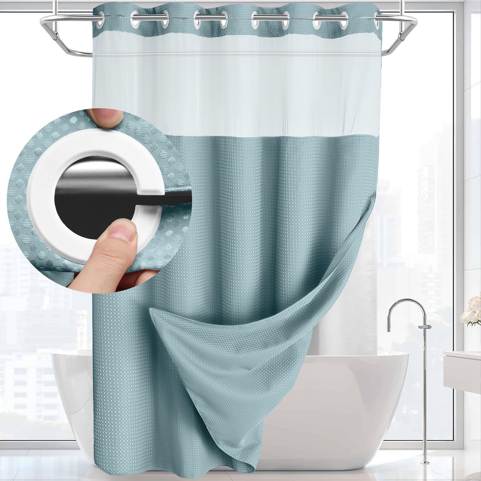 Douchegordijn zonder Ringen met Ingebouwde Liner – Wafeldoek voor Badkamer | Sansoti