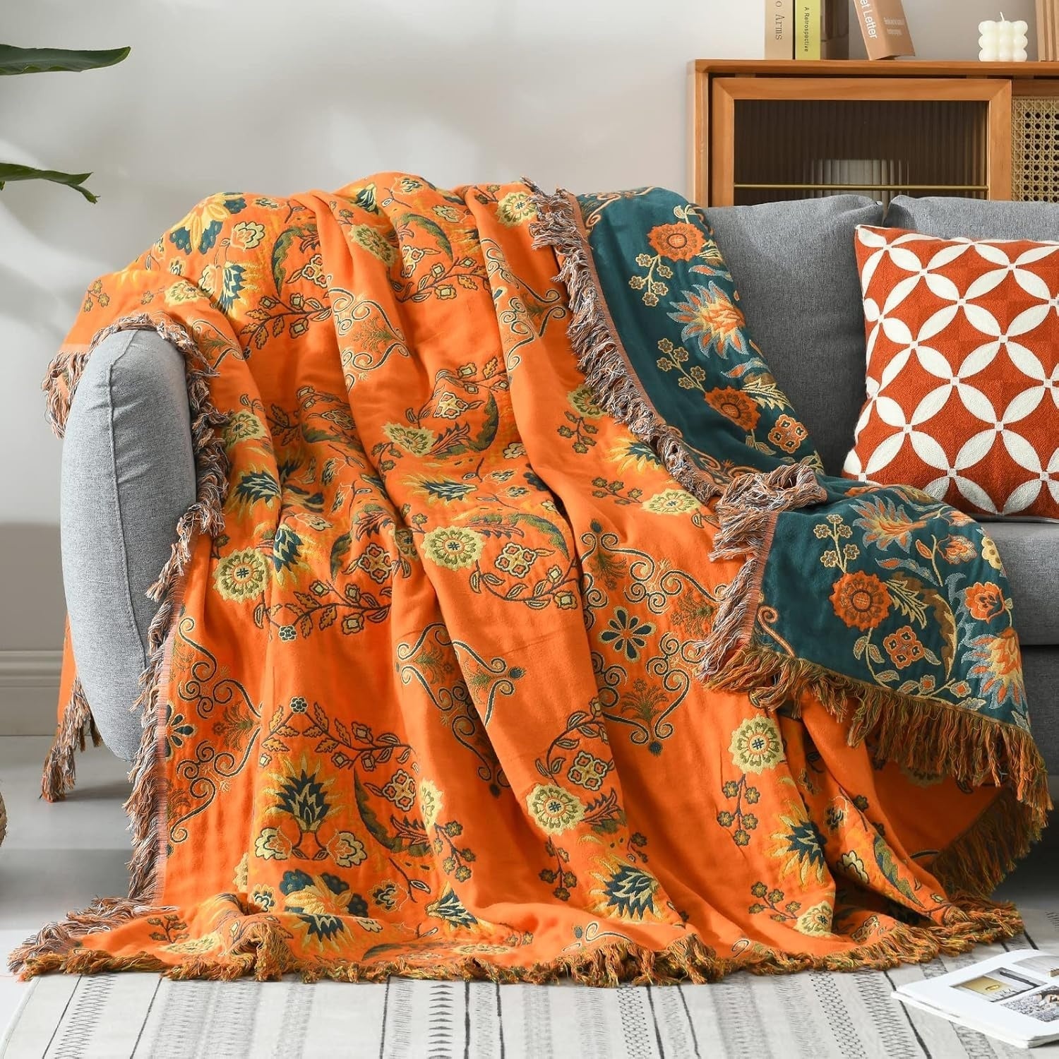 Omkeerbare Katoenen Plaid Marigold – Zachte Deken met Bloemenpatroon Oranje Turquoise – Vintage Landelijke Stijl voor Bank Picknick Bed | Sansoti