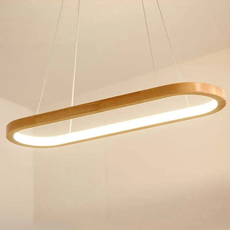 Suspension ovale en bois avec éclairage LED pour salle à manger, salon et cuisine, design scandinave, lumière chaleureuse | Sansoti