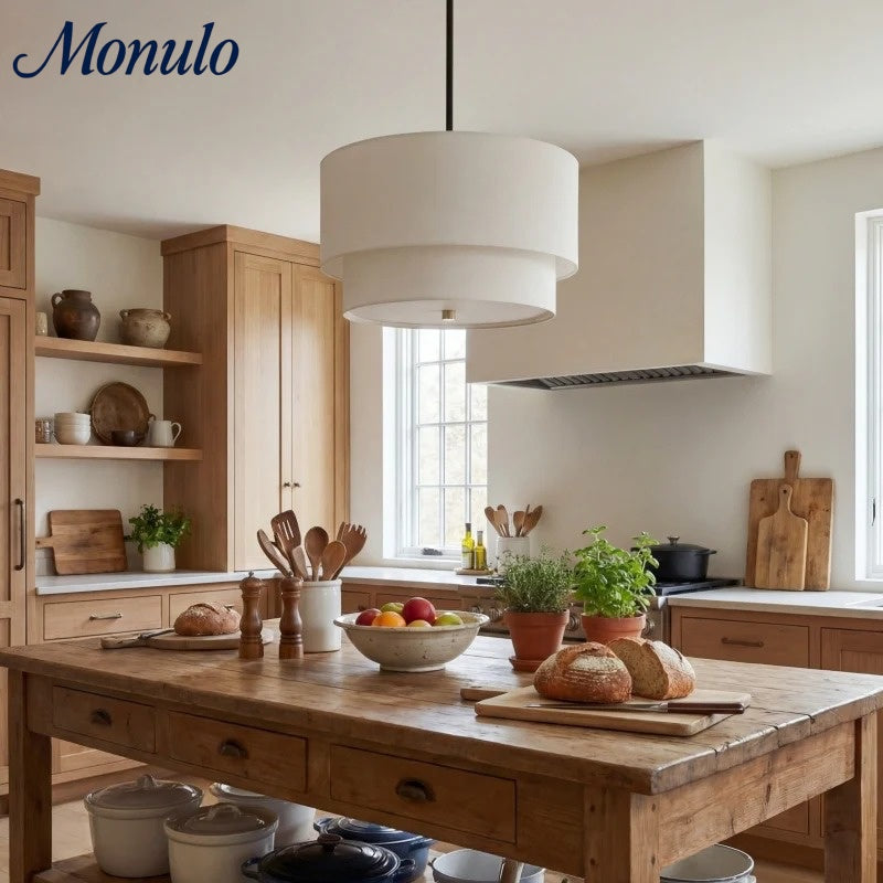 Dubbele Stoffen Drum Hanglamp – Moderne Gelaagde Kap Plafondlamp voor Eetkamer Woonkamer | Sansoti