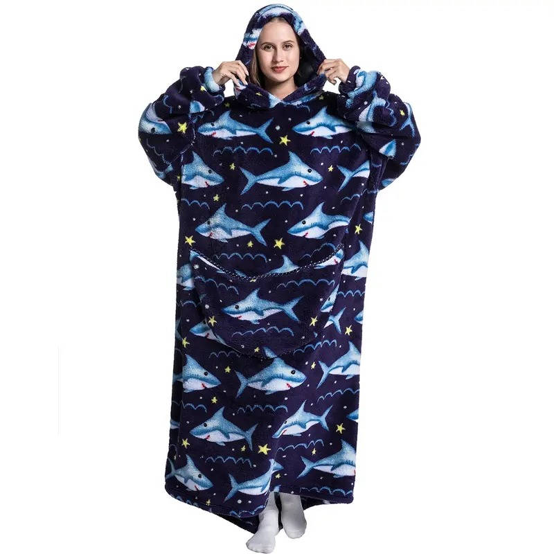 Oversized Wearable Hooded Blanket Fleece Sherpa Relaxwear Loungewear Warm Hoodie Blanket Adults | Sansoti