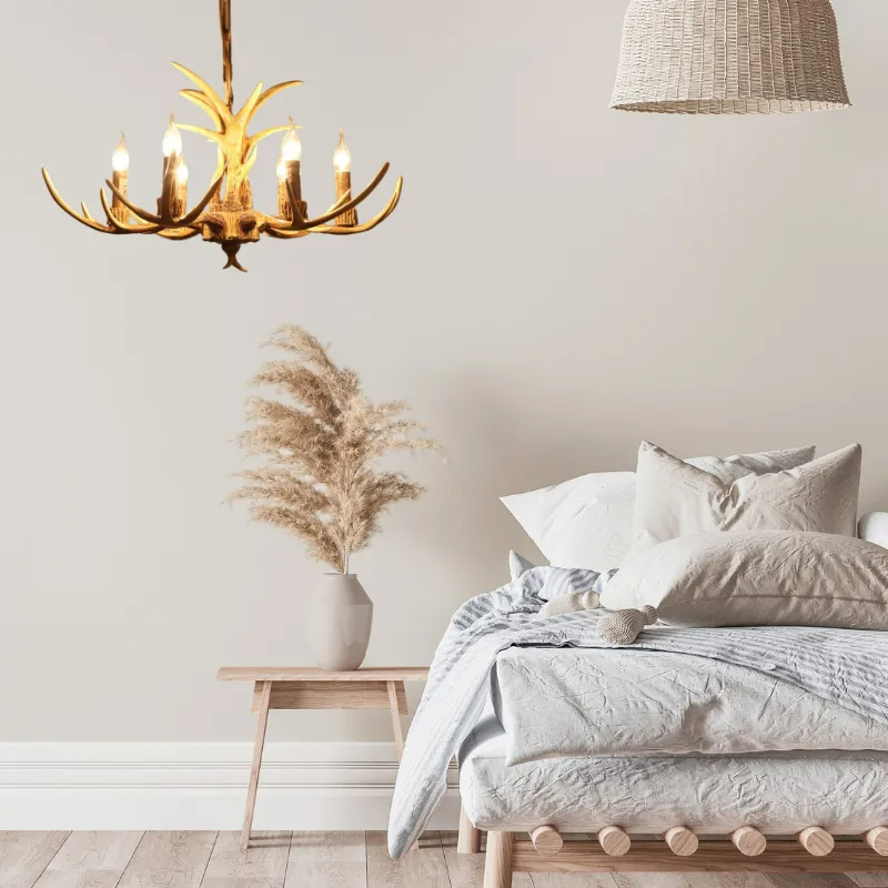 Resin Art Chandelier Metal Antler-Shaped Pendant Light for Living Room Dining Room Rustic Romantic Design | Sansoti