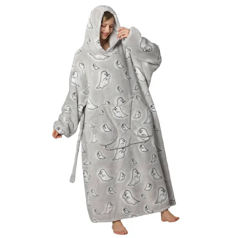 Oversized Wearable Hooded Blanket Fleece Sherpa Relaxwear Loungewear Warm Hoodie Blanket Adults | Sansoti